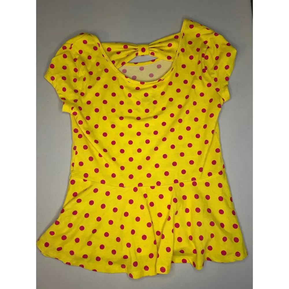 Justice Girls 12 Yellow Red Polka Dot Bow Back Peplum Top Short Sleeve